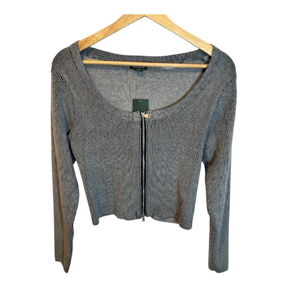 Wild Fable Striped Blue and White Zip-Up Cardigan Medium Cropped Ribbed Fitted - Picture 4 of 9